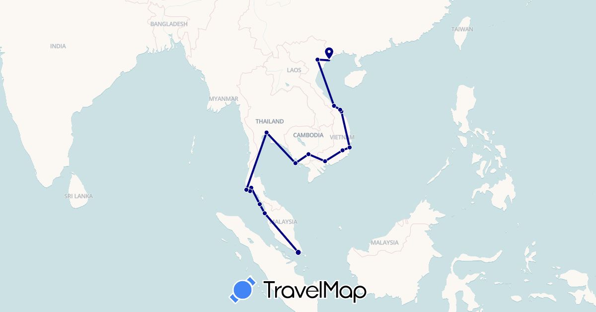TravelMap itinerary: driving in Cambodia, Malaysia, Singapore, Thailand, Vietnam (Asia)